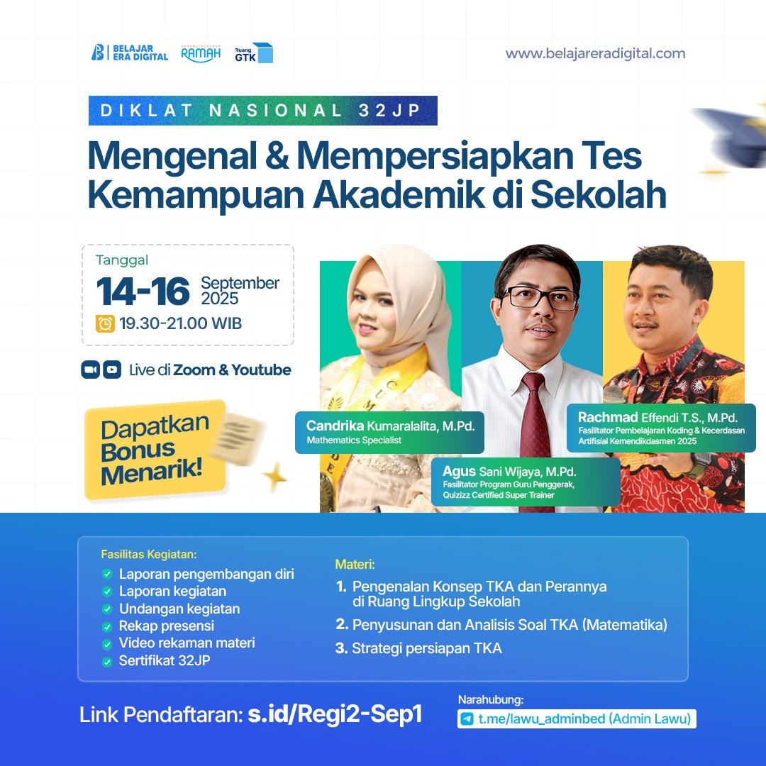 Diklat 32 JP: Mengenal & Mempersiapkan Tes Kemampuan Akademik di Sekolah (14-16 September 2025)