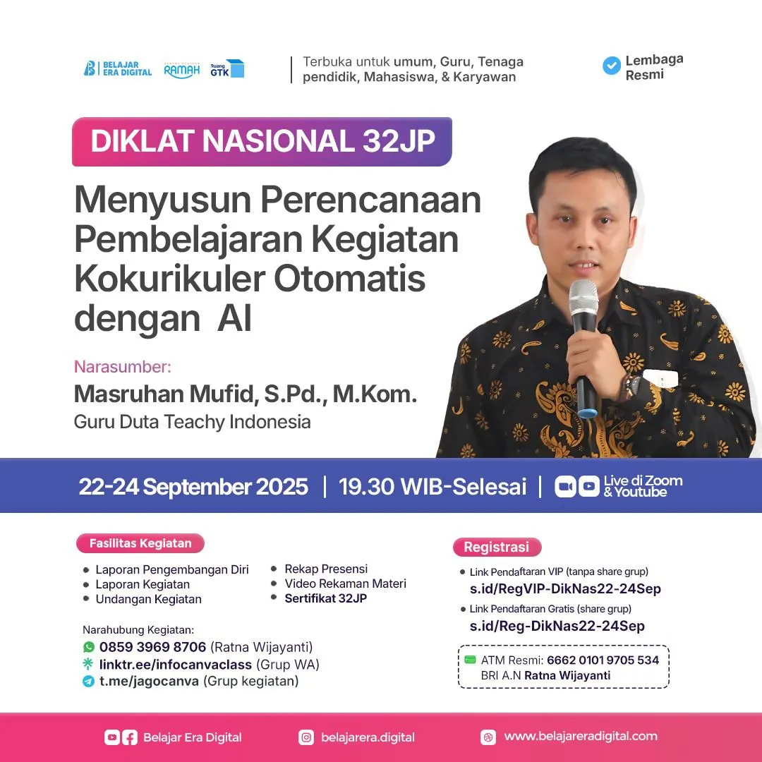 Diklat Nasional 32 JP : Menyusun Perencanaan Pembelajaran Kegiatan Kokurikuler Otomatis dengan AI (22-24 September 2025)